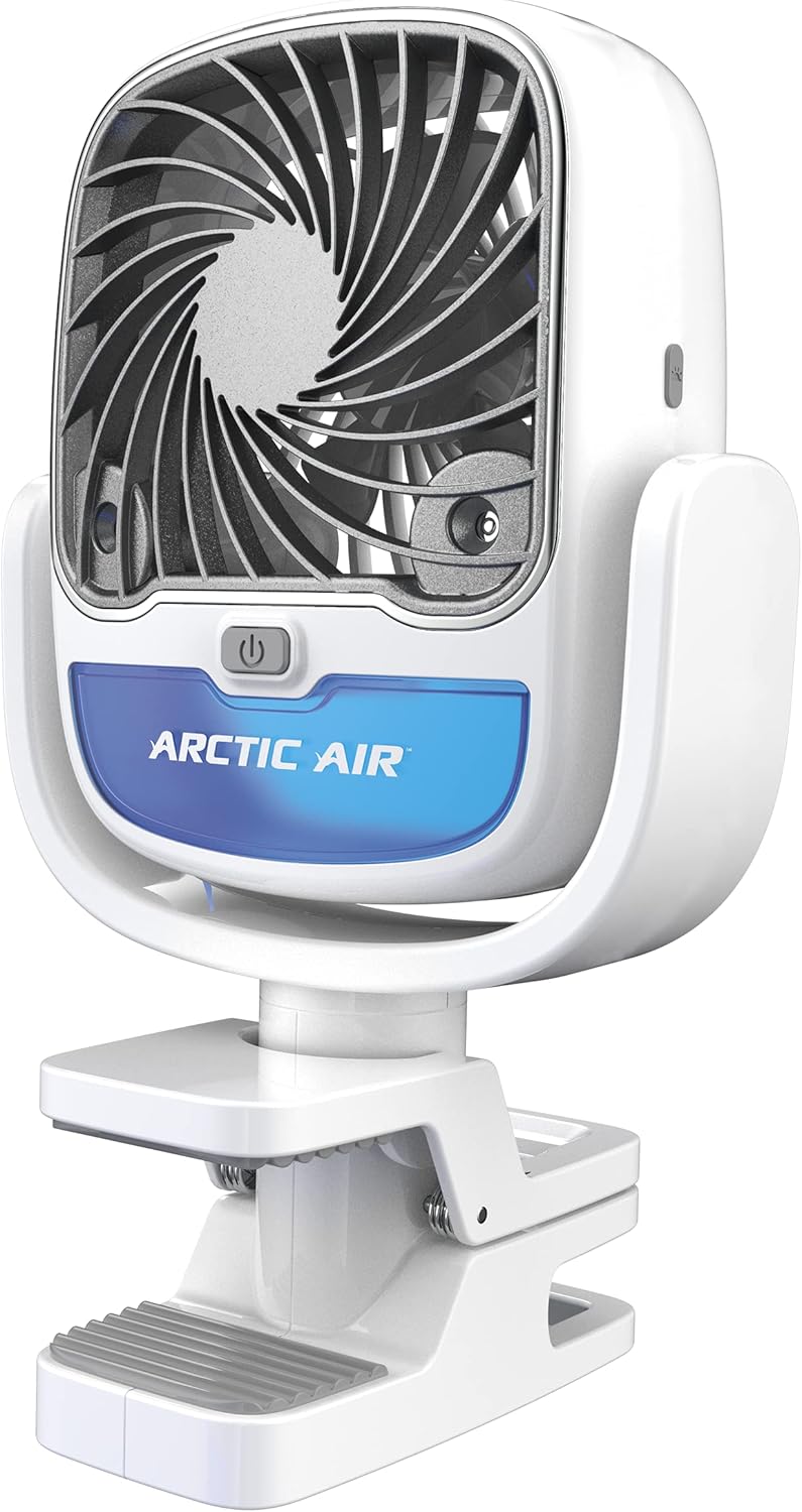 Arctic Air Grip Go Evaporative Cooler, Cordless & Portable Fan with 3 Speeds, Universal Clamp 360 Degrees Head Swivel, USB Charging, 5-Hour Battery, Personal for Home, Office, Car More, White