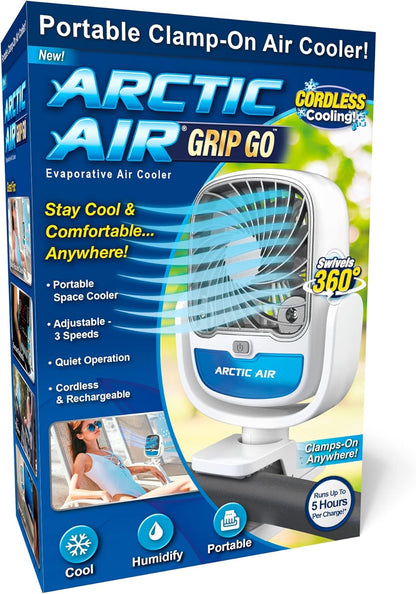 Arctic Air Grip Go Evaporative Cooler, Cordless & Portable Fan with 3 Speeds, Universal Clamp 360 Degrees Head Swivel, USB Charging, 5-Hour Battery, Personal for Home, Office, Car More, White